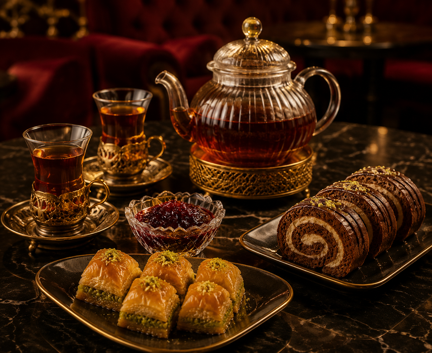 Çay, mürəbbə, paxlava və rulet seti